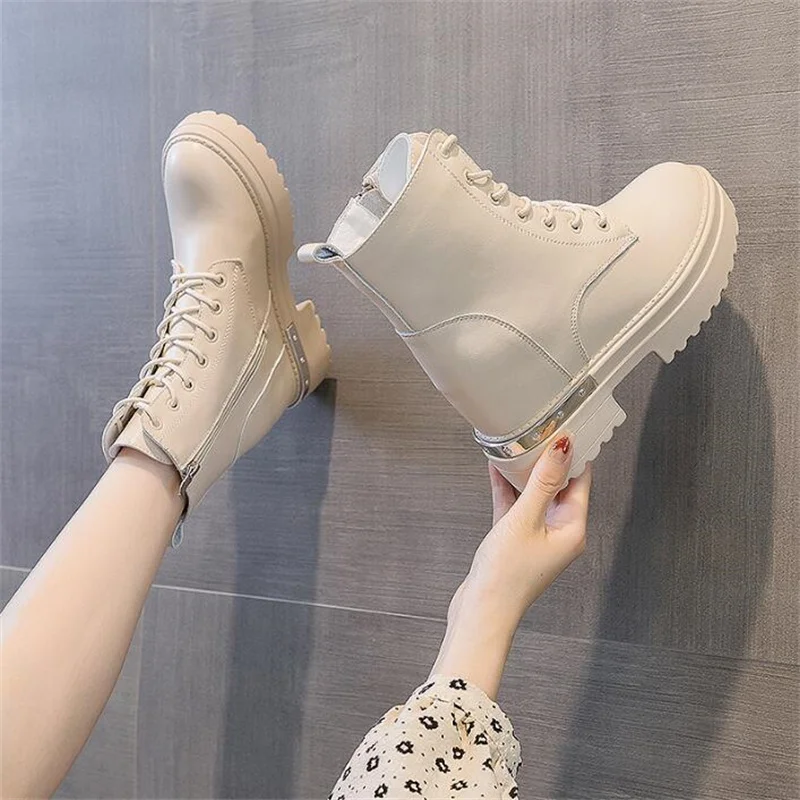 Women Ankle Boots Autumn Leather Chunky Shoes Woman High Platform Breathable Sneakers 9CM Thick Sole Wedges Motorcycles Boots