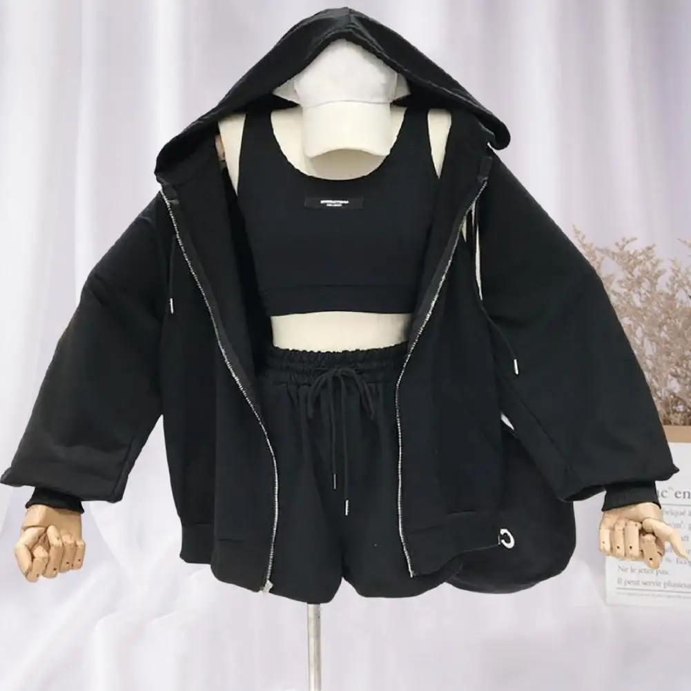 Casual Women Coat 4 Colors Three Pieces Women Coat Drawstring Shorts Vest Set Solid Color Super Soft Women Hoodie for Female