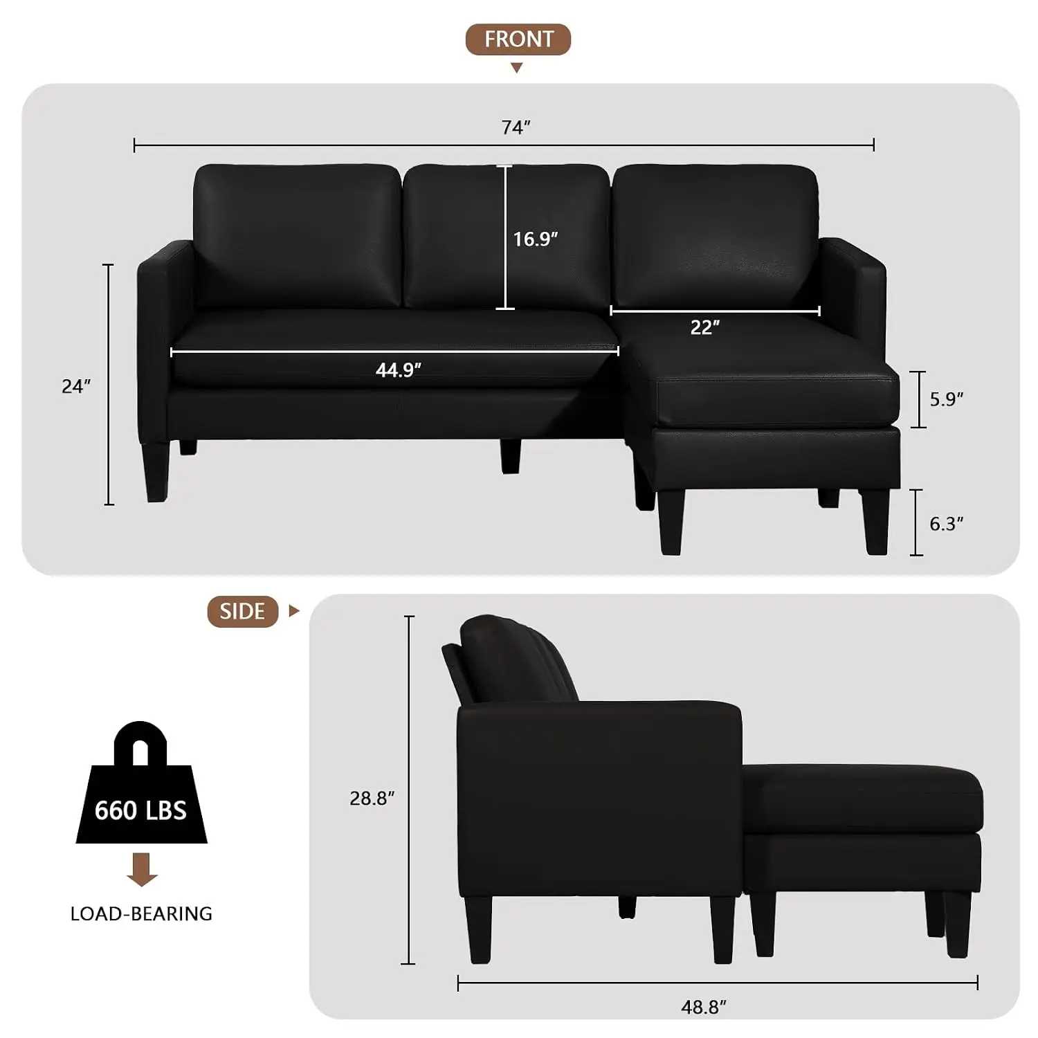 L Shaped Leather Sectional Sofa with Chaise & Convertible, Customized