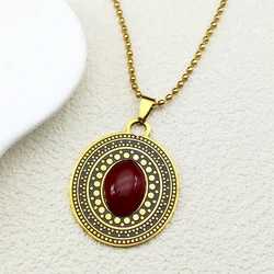 Bohemia Red Natural Stone Stainless Steel Oval Necklace Chain Women Gold Color Flower Necklace Jewelry cadenas mujer N3606S04