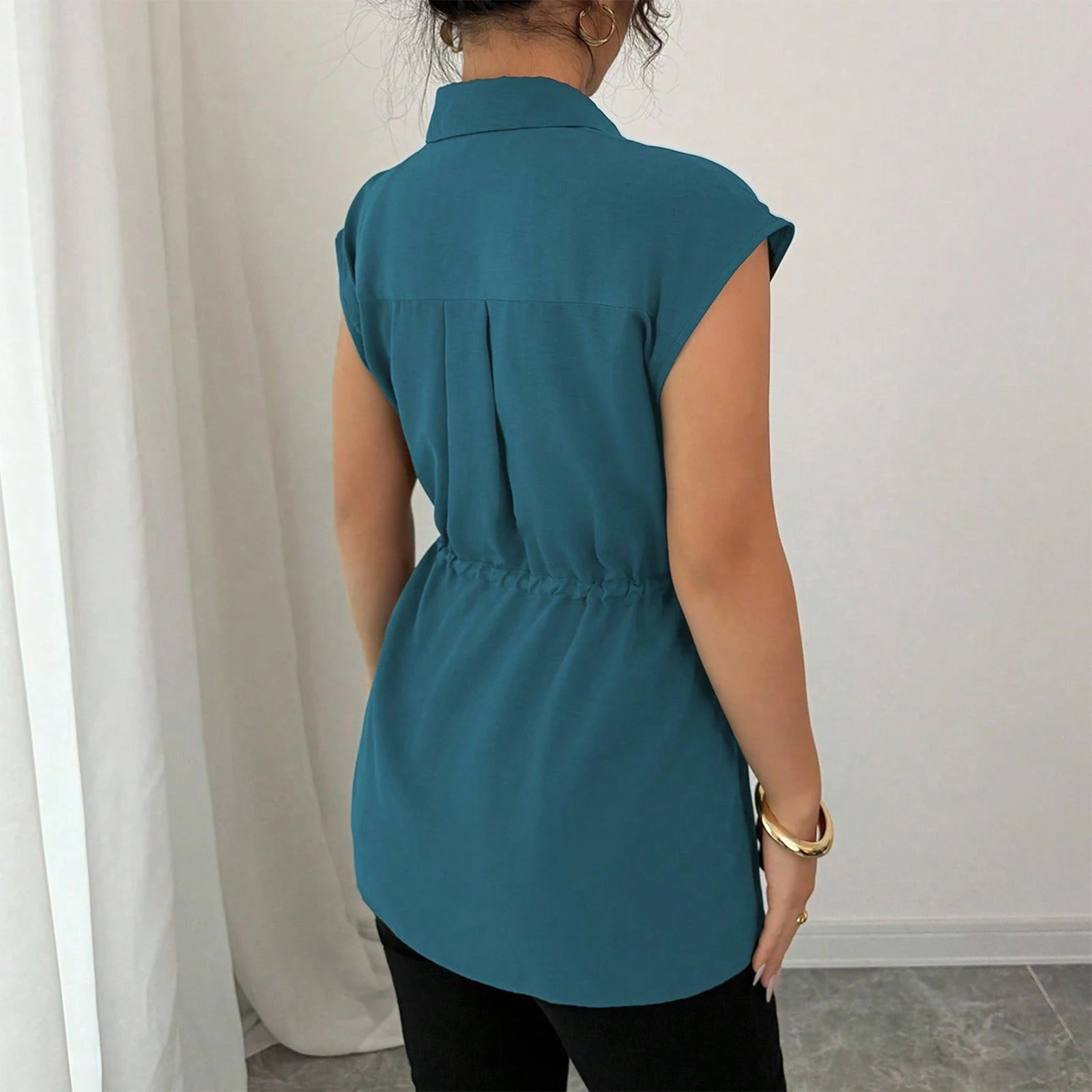 Chemise d'été sans manches pour femmes, ample, à lacets, ceinture, couleur unie, revers, manches courtes, chemises de transport décontractées