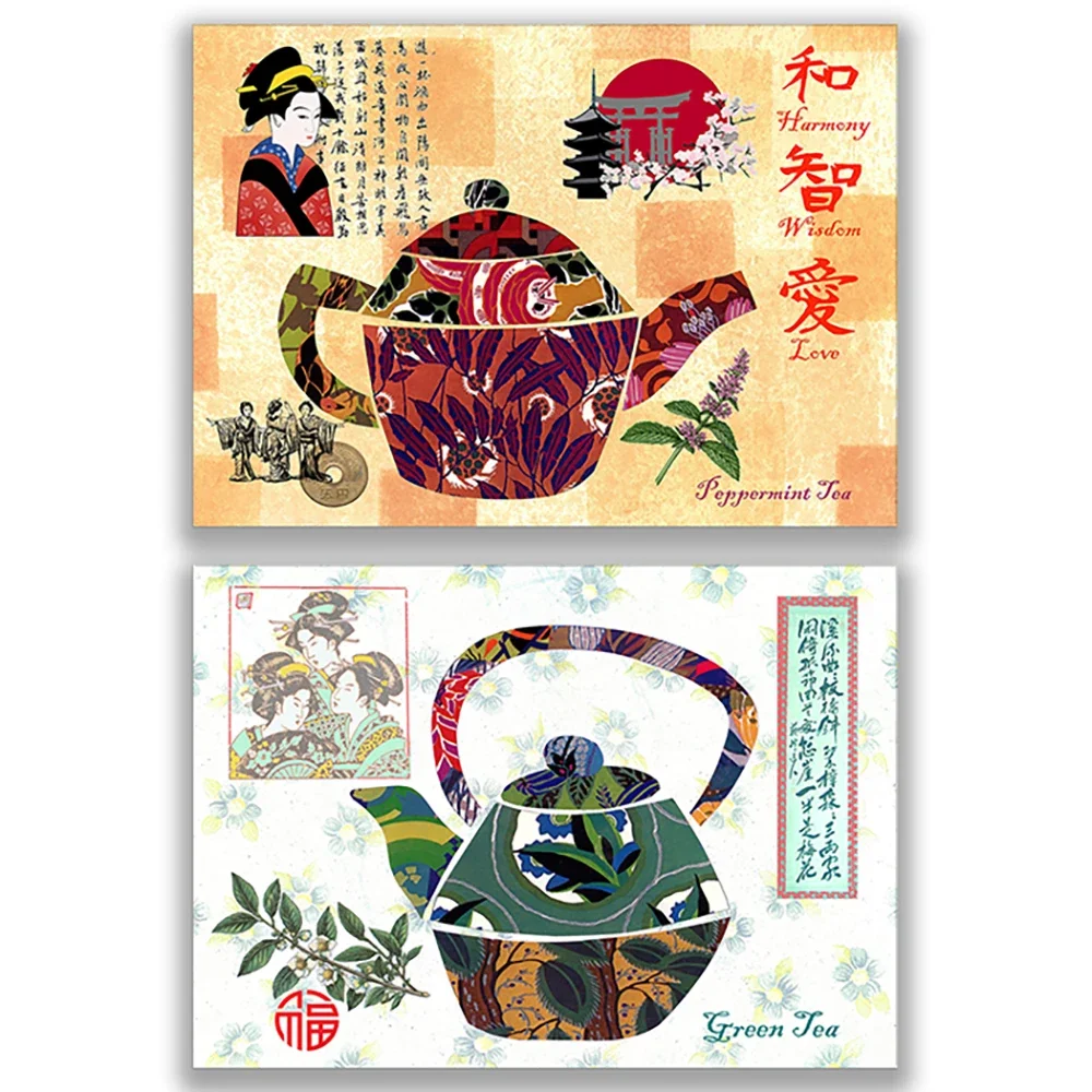 teapot art print, japanese prints, mint tea art, japanese tea poster, gift for tea lovers, teapot wall art, asian poster