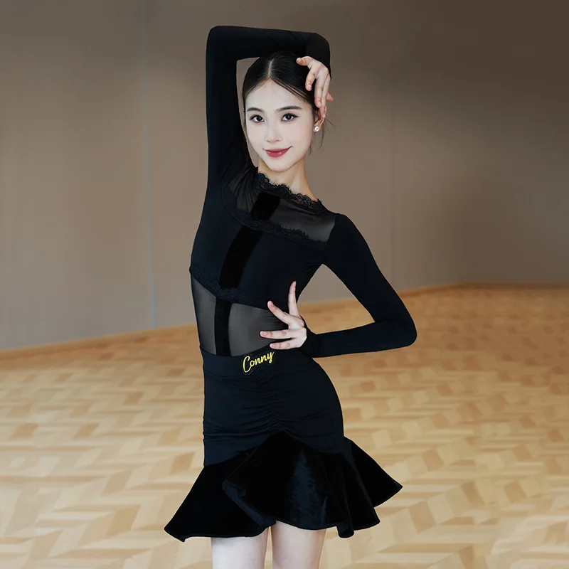 Vêtements de danse latine pour femmes, vêtements d'entraînement, col en dentelle, justaucorps noir, jupe à volants, Costume Cha Cha Rumba, Costume d'entraînement latin 2113