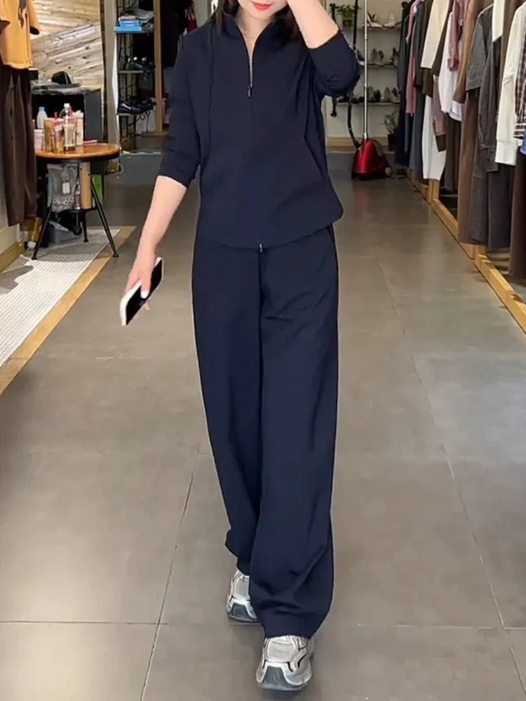 High-End Zipper Sweatshirt Wide Leg Pants Two-Piece Set Women's Fashion Casual Sportswear Autumn Trendy Complete Ensemble