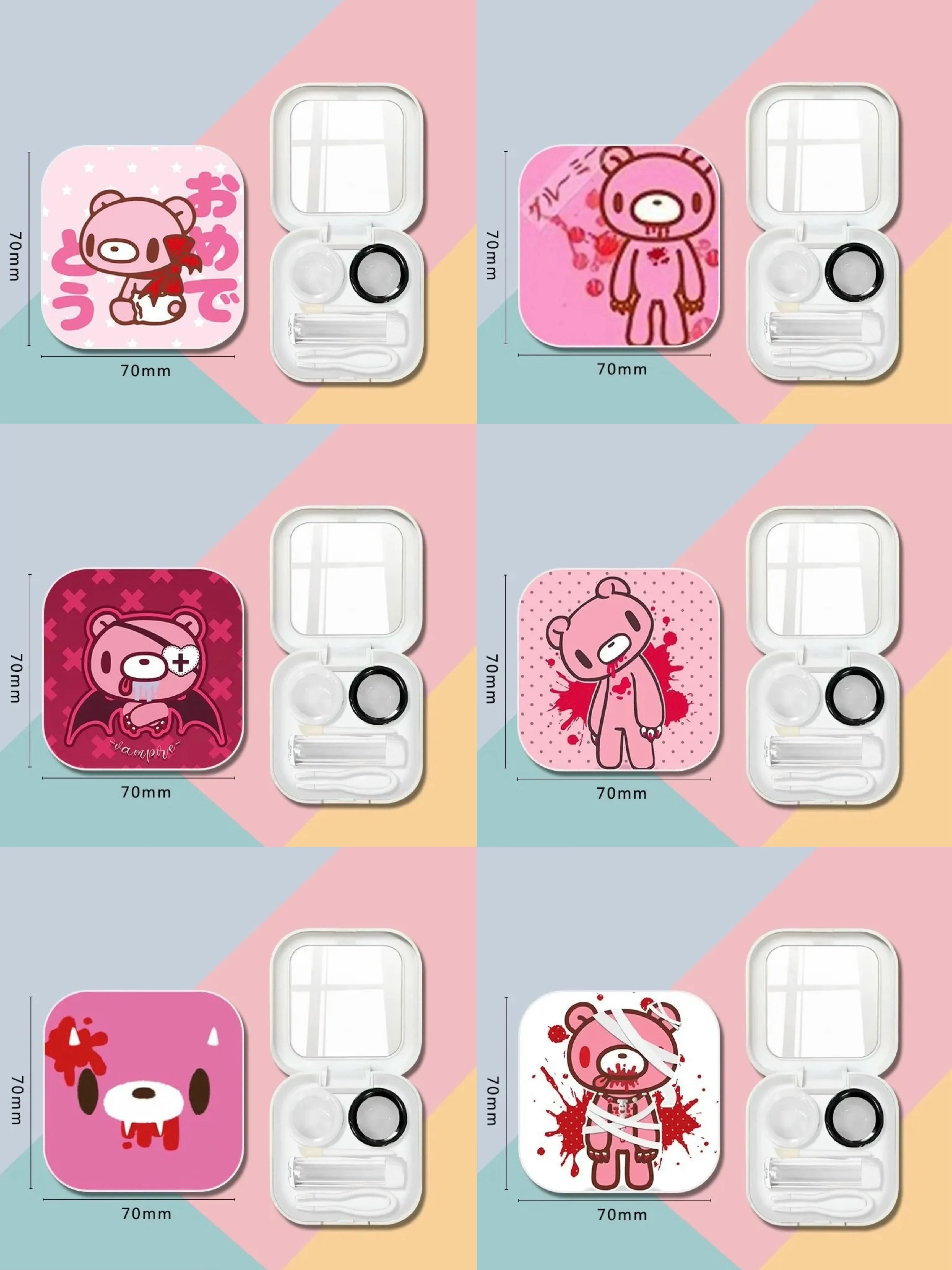 Cute Pink Gloomy Bear Contact Lens Case with Mirror Portable Travel Cartoon Lens Holder Container Box for Eyes Care