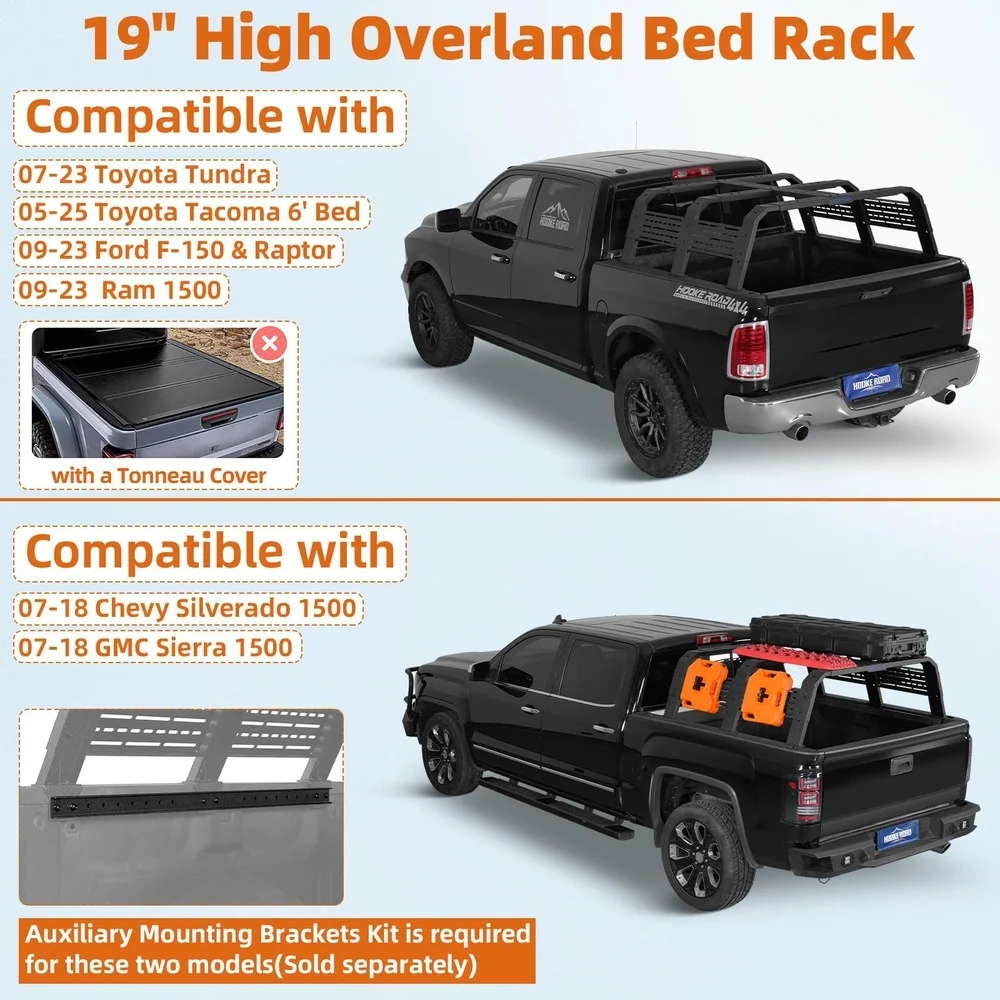 Overland Truck Bed Rack for Ford F 150 & Raptor Toyota Tundra Tacoma 6' Bed Silverado 1500 & Sierra 1500 Ram 1500 19
