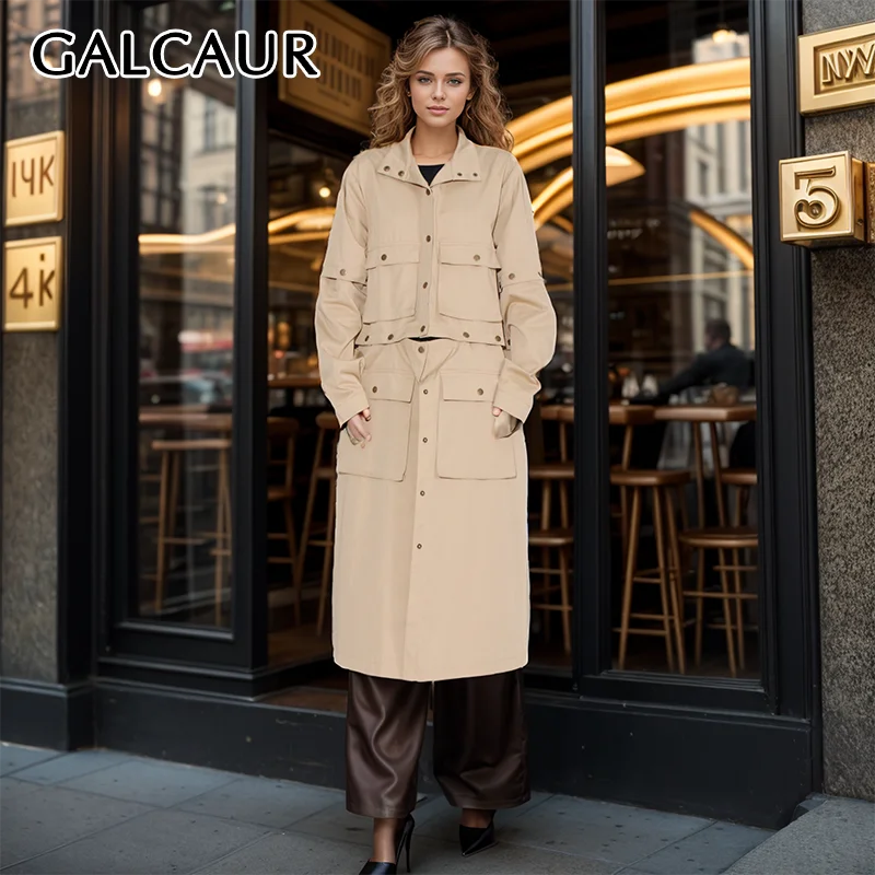 

GALCAUR Khaki Chic Women Trench Lapel Long Sleeve Single Breasted Patchwork Pockets Oversize Folds Spring Waistcoat Female 2024