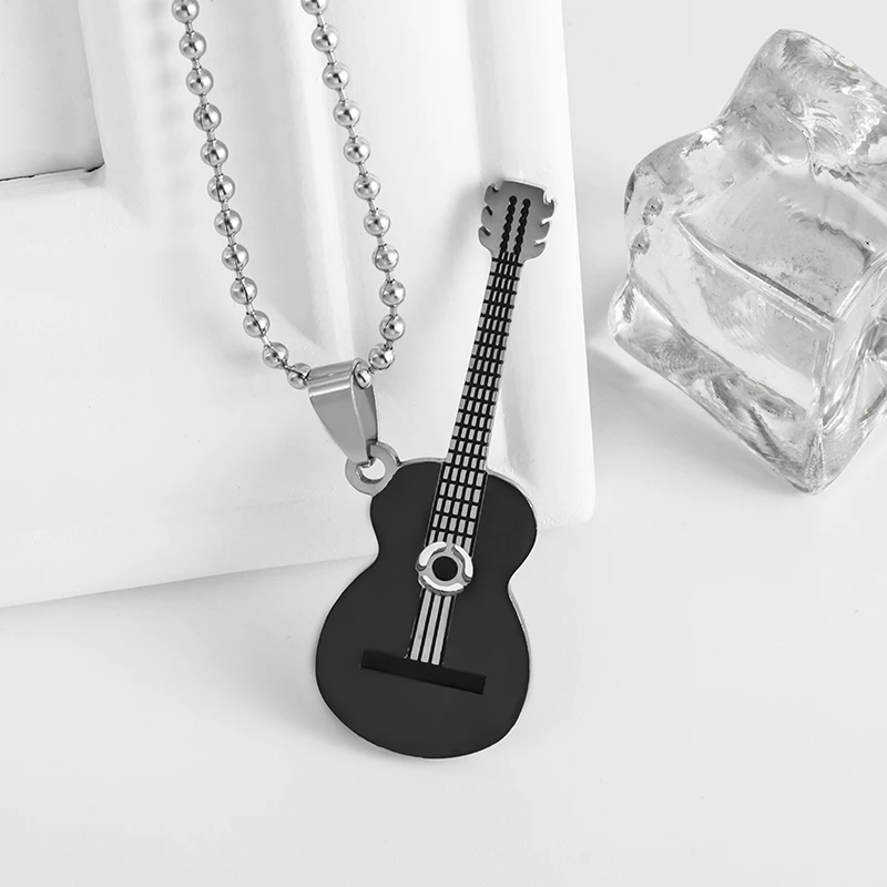 Exquisite Guitar Necklace Men\\\'s Stainless Steel Rock Electric Guitar Bass Pendant Necklace Hip Hop Music Style Personality Gift