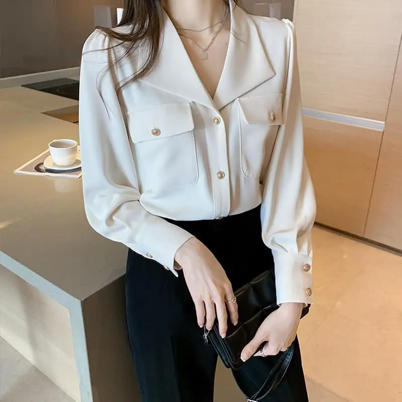 Commute Solid Color Chic Single-breasted Blouse Spring Autumn Fashion Pockets Long Sleeve Women\'s Clothing All-match Lapel Shirt