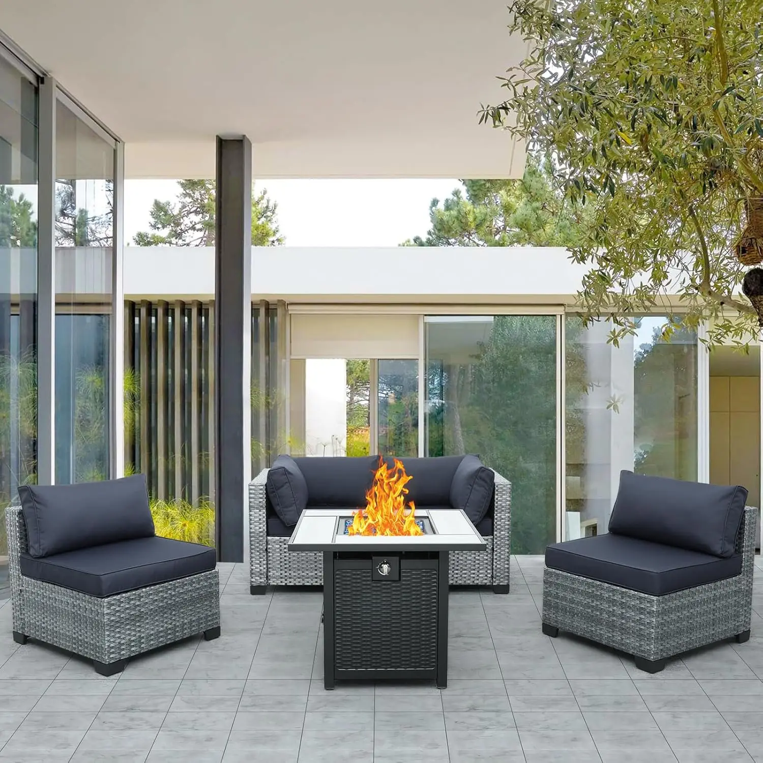 Valita-Pátio Rattan Móveis Set, Pátio ao ar livre Set, sofá de conversa de vime, cinza Rattan sofá secional com 30 "Gás Fire Pit, 5 pcs