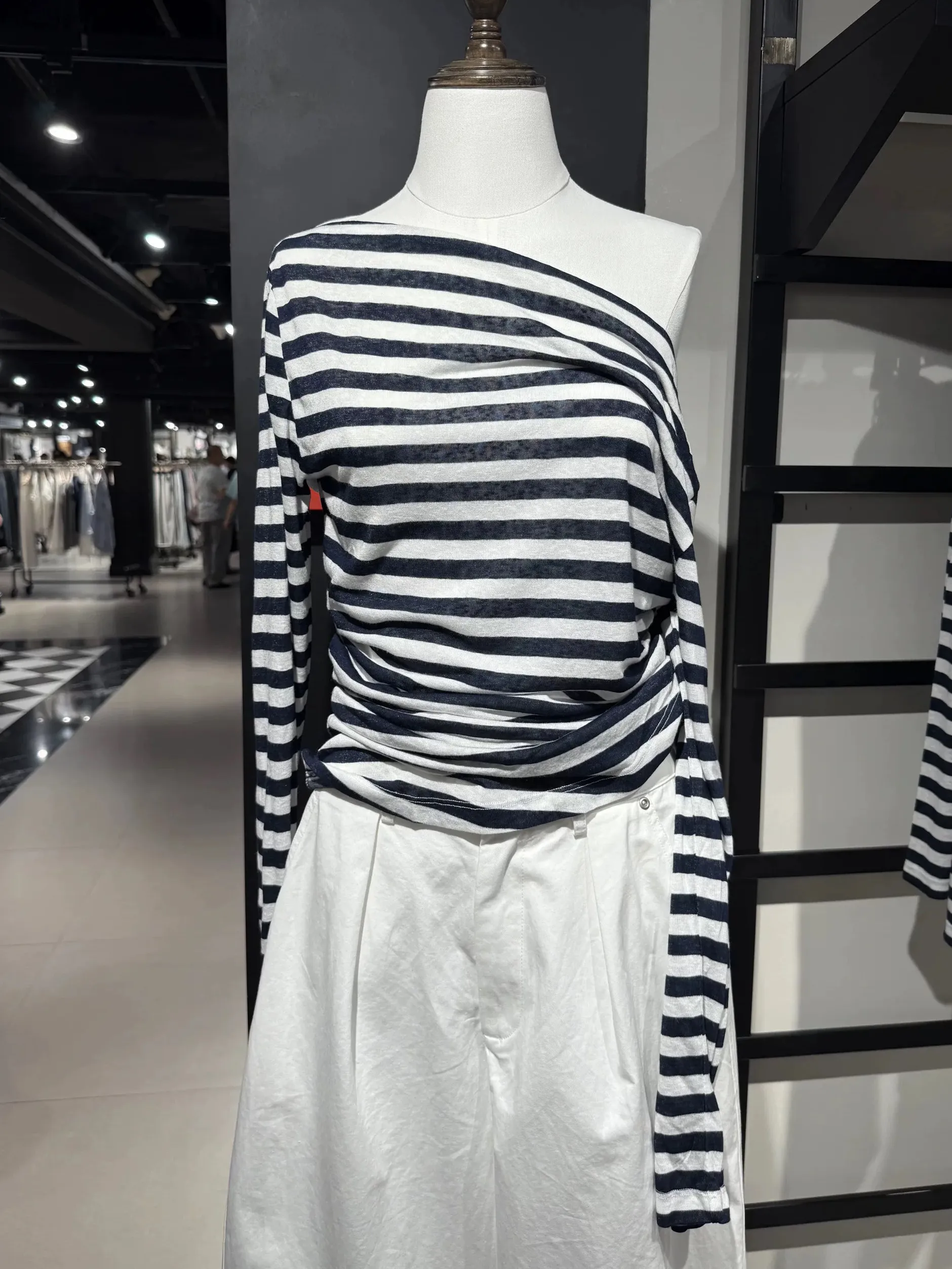 

Vintage Striped Slash Neck T-shirts Women Casual Streetwear Slim Thin Smock Long Sleeve Tees Preppy Style Chic Tshirt Y2K Tops
