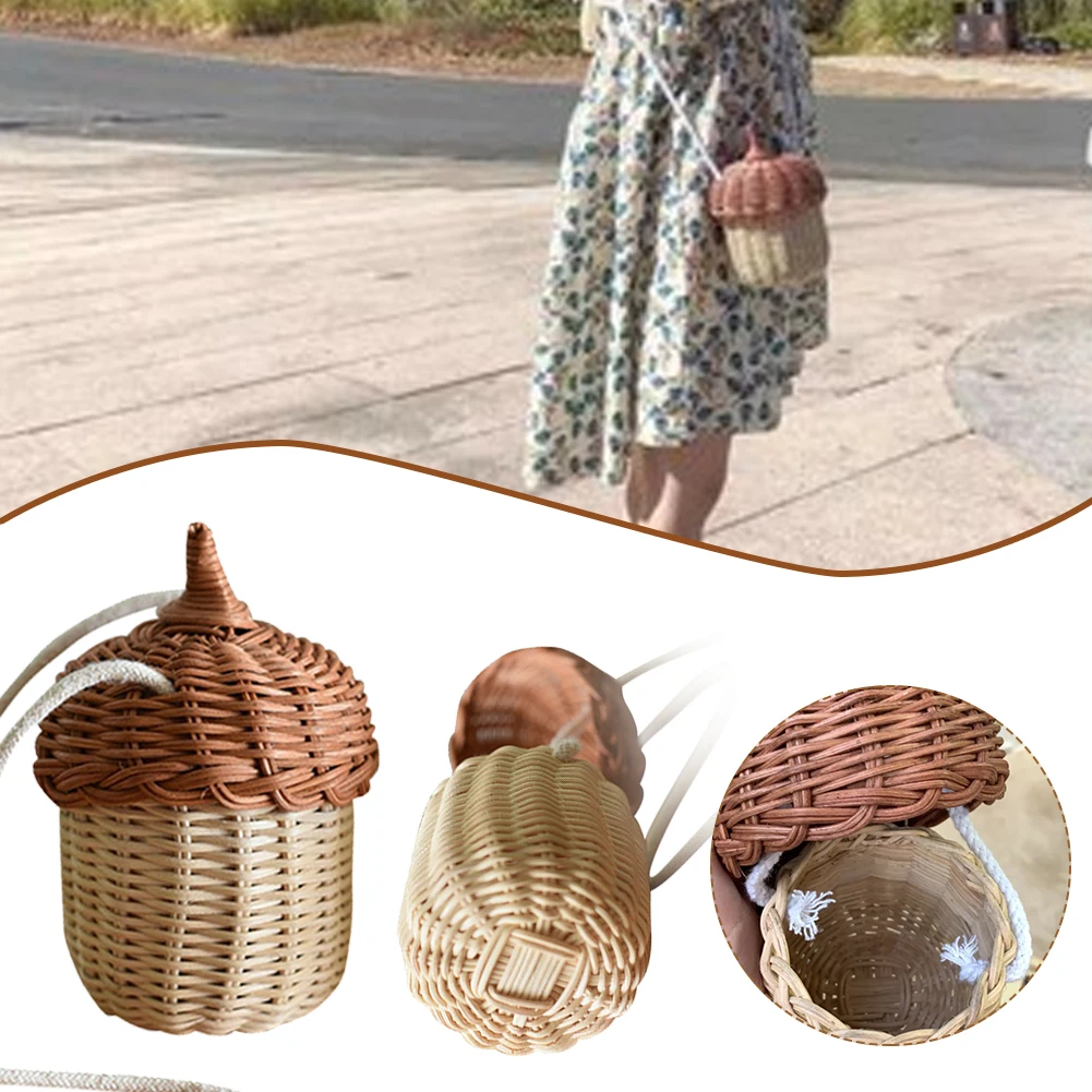 New Handwoven Round Rattan Bag Bucket Tropical Beach Style Woven Shoulder Rattan Bag Photo Props Mini Women Kids Beach Straw Bag