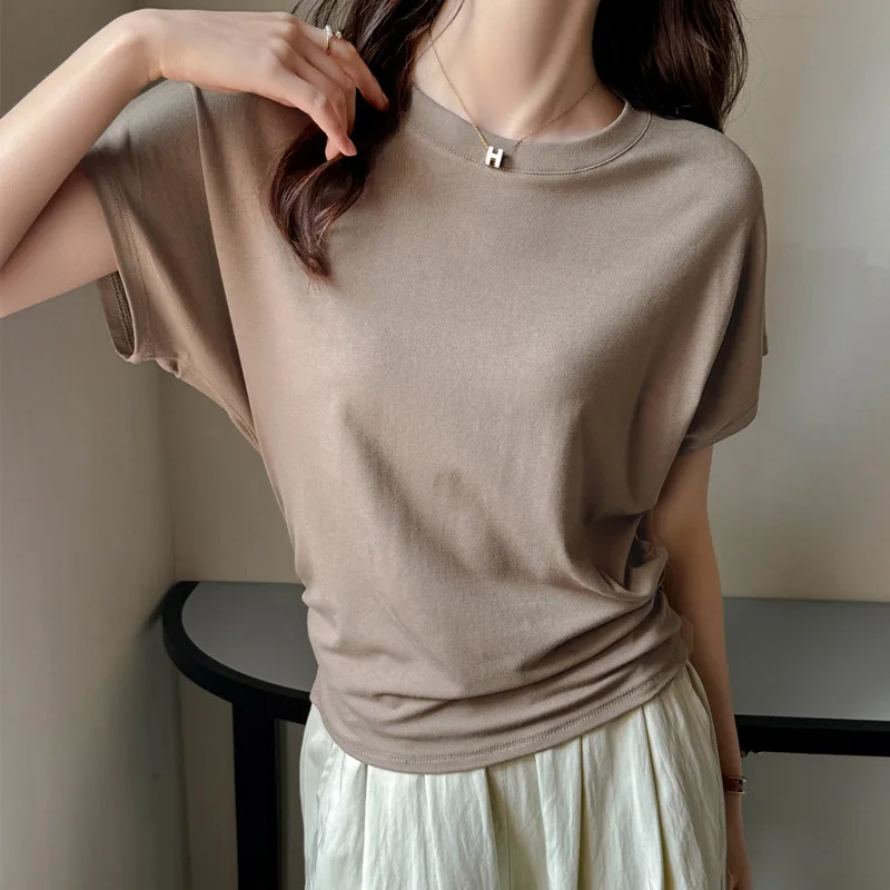 

Women's T-Shirts Batwing Short Sleeve Stretch Loose-fit Causal Basic Layer Tops Chic Tees Korea Stylish Female Outwear C5991