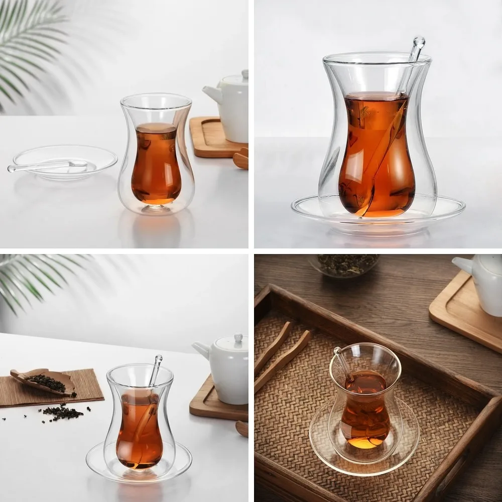Turkish Bohea Double Wall Glass Tea Cup Saucer Spoon Set, Insulated Thermal Espresso Shot Coffee Mug, Heat-Resistant