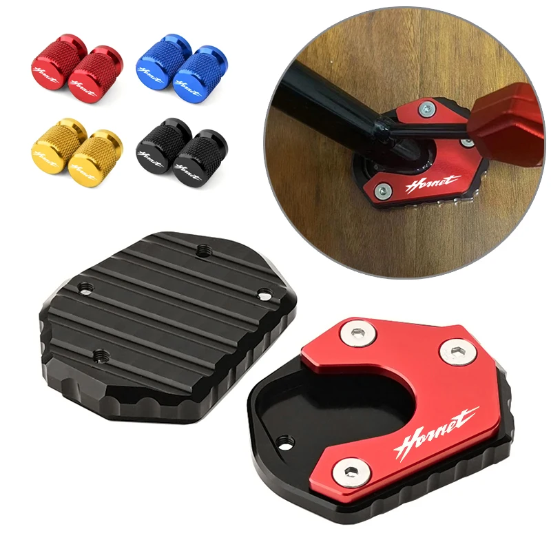 For HONDA Hornet CB600F 2008-2013 CB900F 2002-2007 Motorcycle CNC Kickstand Side Stand Foot Extension Pad & Tire Valve Cap