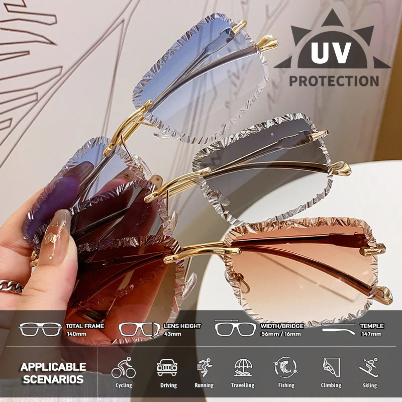 Rimless Square Sunglasses Women Trendy Luxury Brand Design Diamond Cutting Sun Glasses Men Fashion Vintage Casual Shades