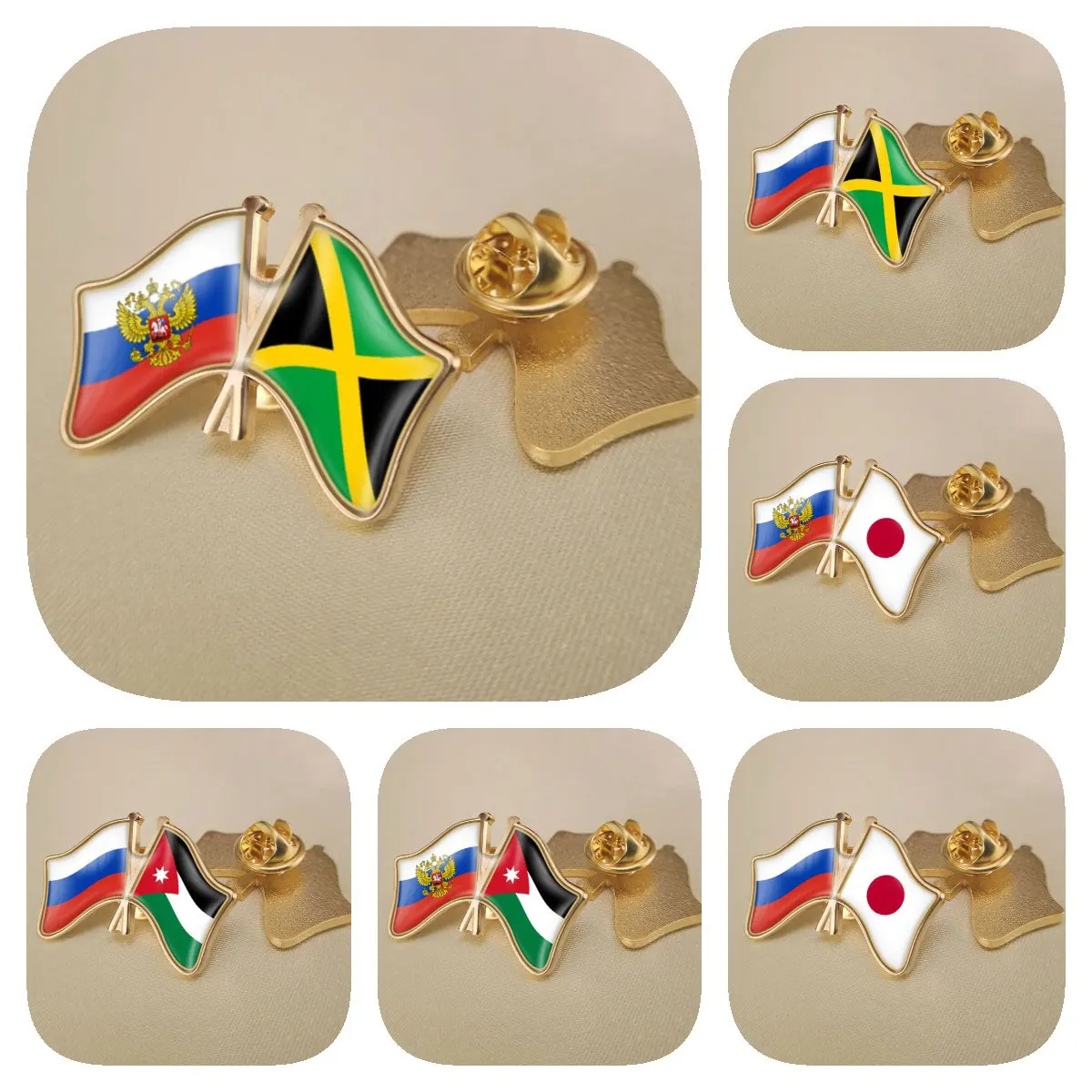 Russian Federation and Jamaica Japan Jordan Double Crossed Friendship Flags Brooches Lapel Pins Badges