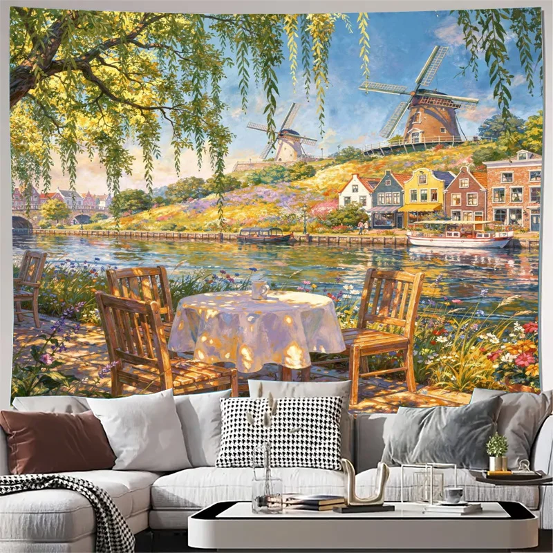 Luxury Dutch Windmills Canal Landscape Tapestry Wall Hanging Bohemian European Cottagecore Decor Print for Rustic Living Room Ar
