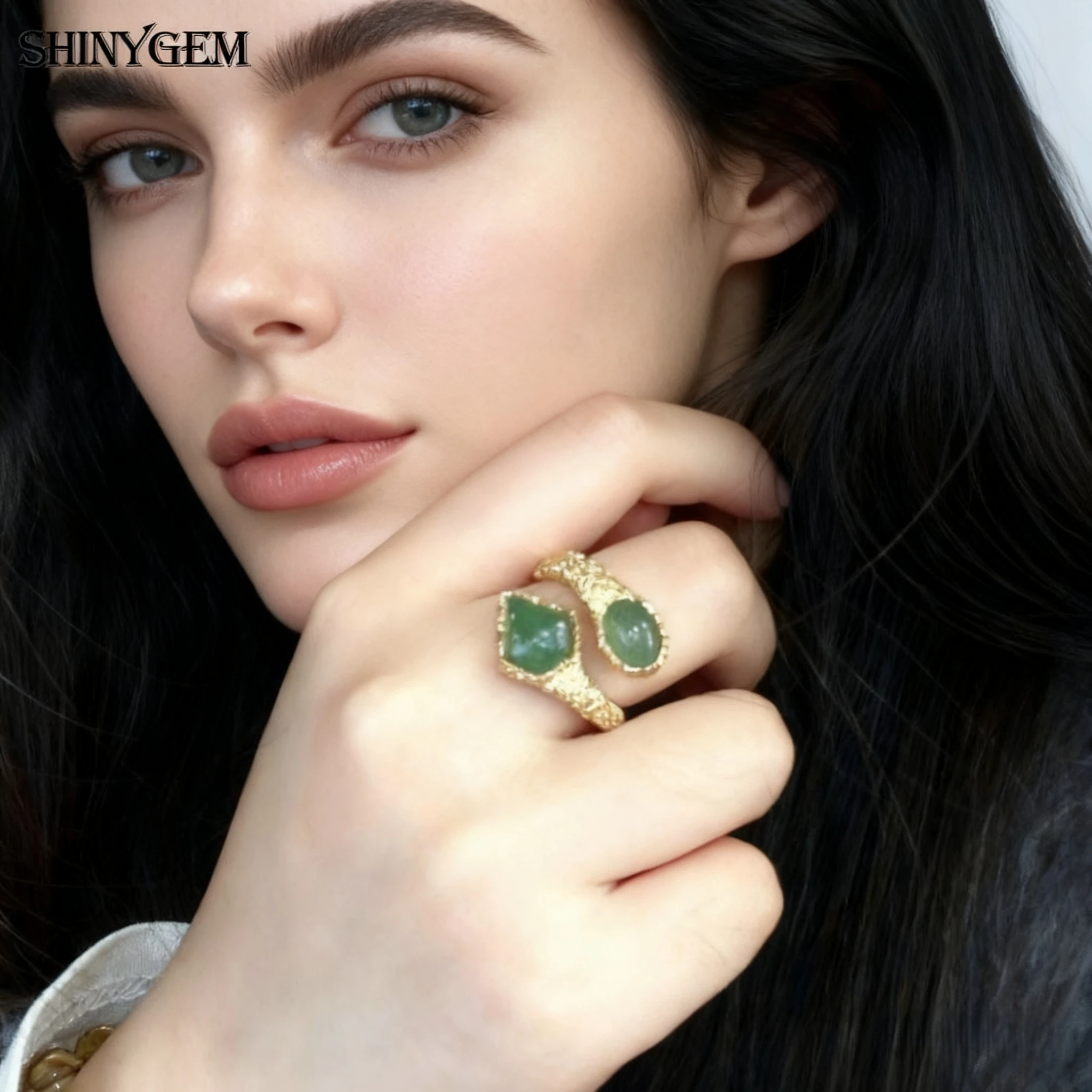 

SHINYGEM Fashion Natural Green Crystal Gemstone Amethyst Aquamarine Labradorite Gold Plated Women Jewelry Adjustable Snake Ring