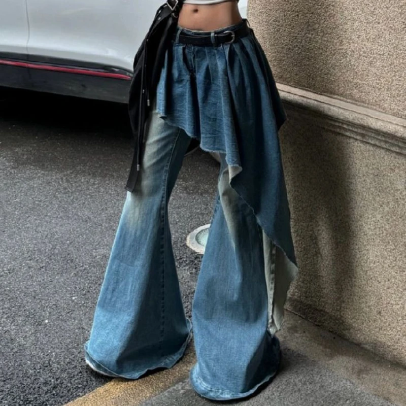 Women Spring and Autumn Jeans Flared High Waist Belt Vintage New Design Sense Splicing Simple Fashion Design Sense Brand Trends