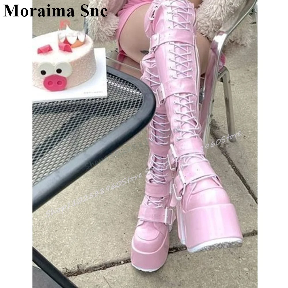 

Over The Knee Pink Buckle Strap Cross Tied Platform Boots Thin High Heel Women Shoes Round Toe 2025 Fashion Zapatos Para Mujere