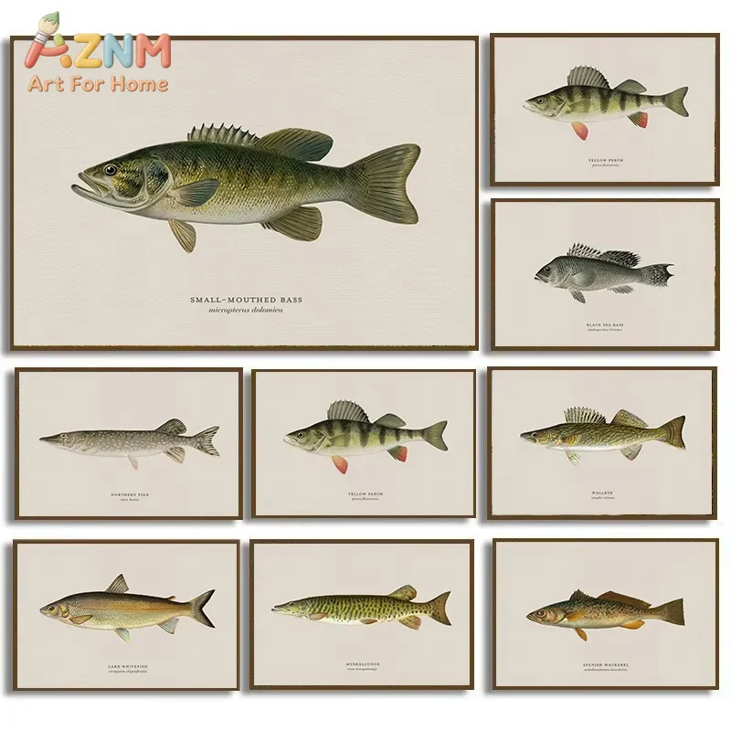 AZNM Vintage Bass Fish Trout Fly Fishing Prints Canvas Painting Fisherman Retro Wall Art Picture for Living Room Home Decor
