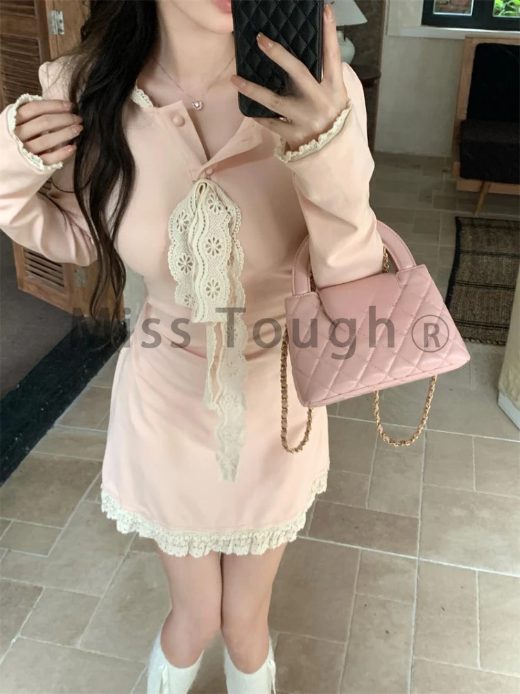 Japanese Sweet Pink Hooded Dresses Women Autumn New Lace Design A-line Mini Dress Aesthetic Fashion Slim Sexy Style Clothes 2024