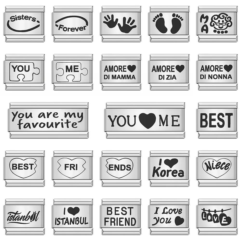 1pc Romantic Love Best Friend MAMA Footprints Italian Charm Links Fit 9mm Bracelet Stainless Steel Jewelry DIY Making