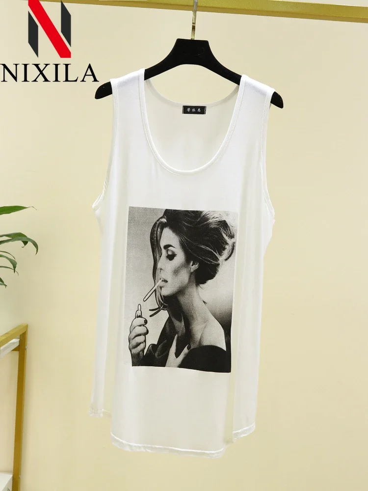 New Summer Knit Women Long Tank Tops O-Neck Fashion Print Beauty's Head Casual Loose Sleeveless T-shirt Streetwear Female Dress