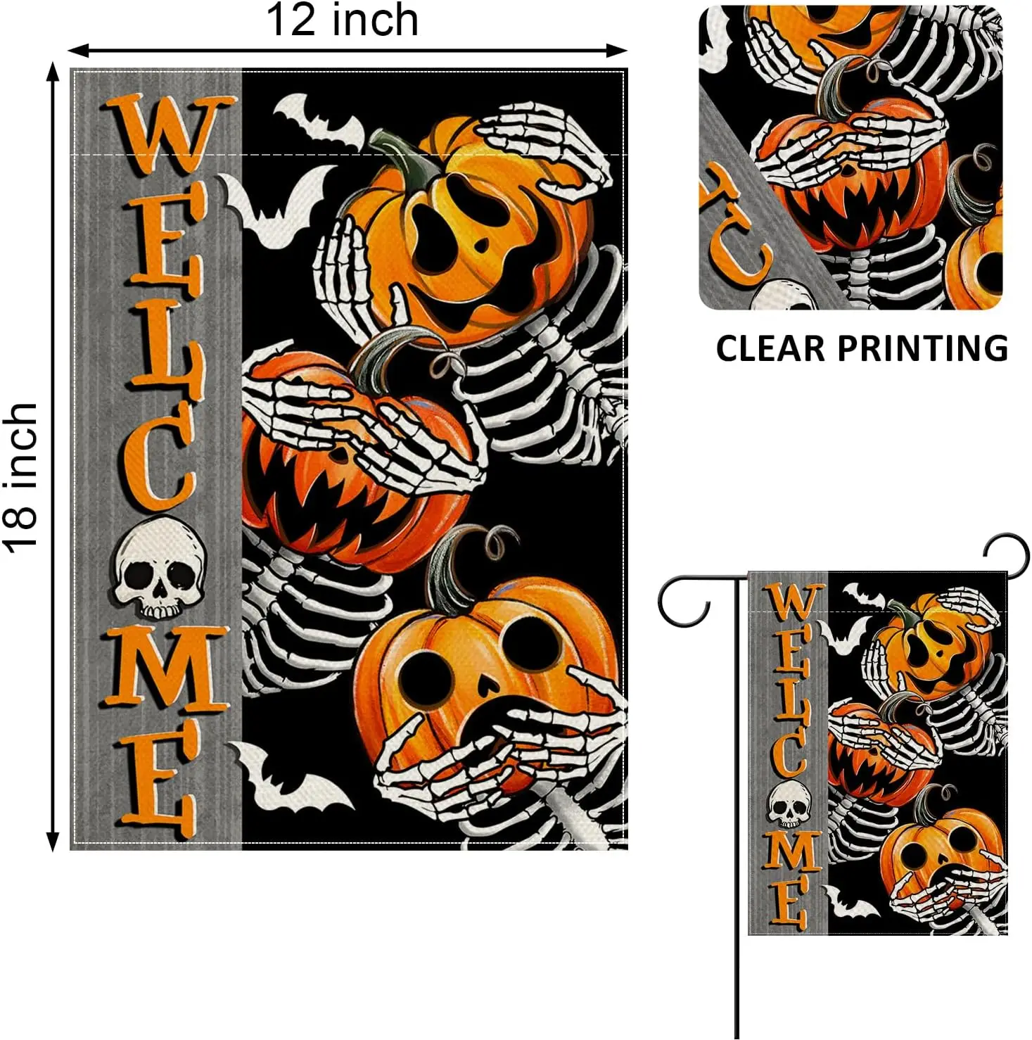 Welcome Halloween Pumpkin Skeleton Decorative Garden Flag, Spooky Jack O Lantern Skull Bat Yard Outside Decorations, Funny Holid