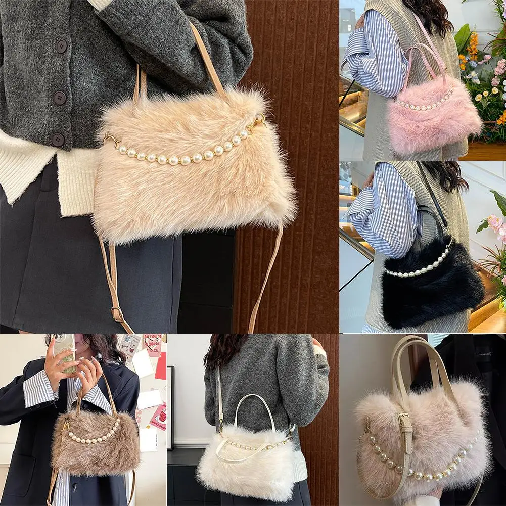

Winter Fashion Furry Shoulder Messenger Bag Long Plush Pearl Chain Tote Bag Large Capacity Faux Fur Handbag For Women Girls X4W8