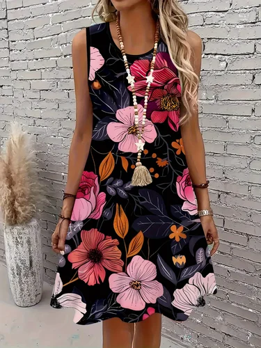 Imagen 1 del producto Vestido elegante sin mangas con estampado floral para mujer, vestidos vibrantes con diseño de flores de color rosa y naranja, perfectos para salidas informales, vestido floral