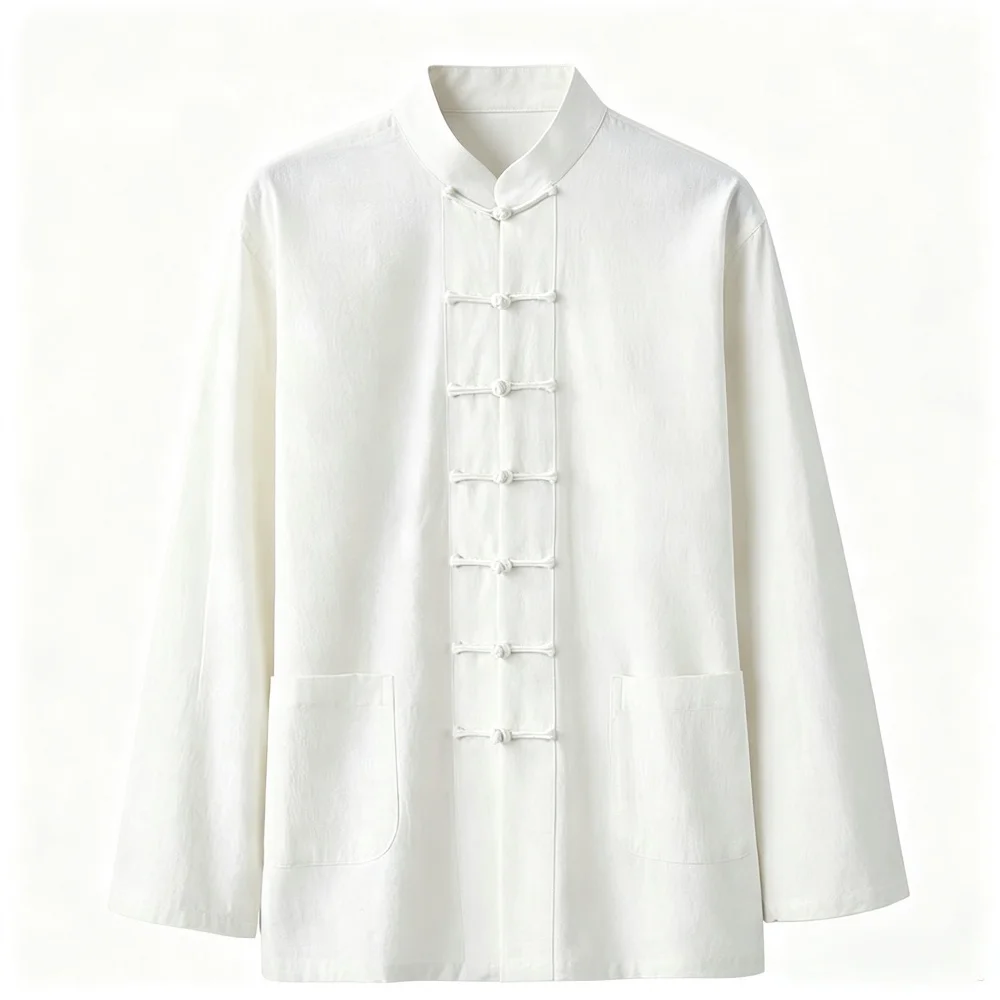 USHINE Vintage Chinese Tang Suit Men Stand Collar Frog Buttons Long Sleeve Cotton Linen Kung Fu Shirt Plus Size 5XL