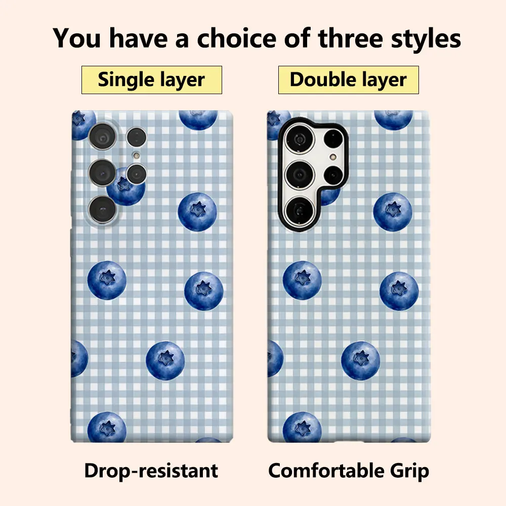 Blueberry Gingham Print Luxury Fashion Full Lens Protective Case for Samsung Galaxy S26 S25 S24 A56 A36 Plus Ultra