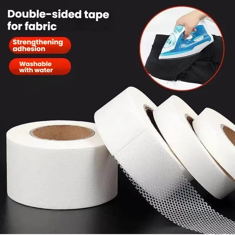 1 Roll Extra Long Double-Sided Fabric Tape - White with Reticulated Adhesive, Extra-Strong Hold for Garment Repairs & Curtain