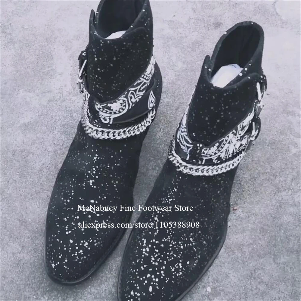 

Printed Glitter Ankle Boots Chain Link Accent Buckle Decor Handmade Fashion Men Casual Shoes for Streetwear Party Club Plus Size