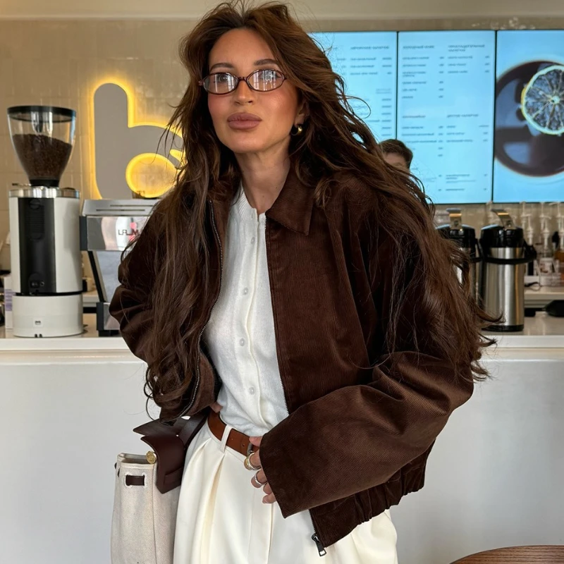 Tornova Retro Brown Jackets Coat Women's Lapel Zipper Long Sleeves Loose Coat Autumn Winter New Leisure Commuting Jacket