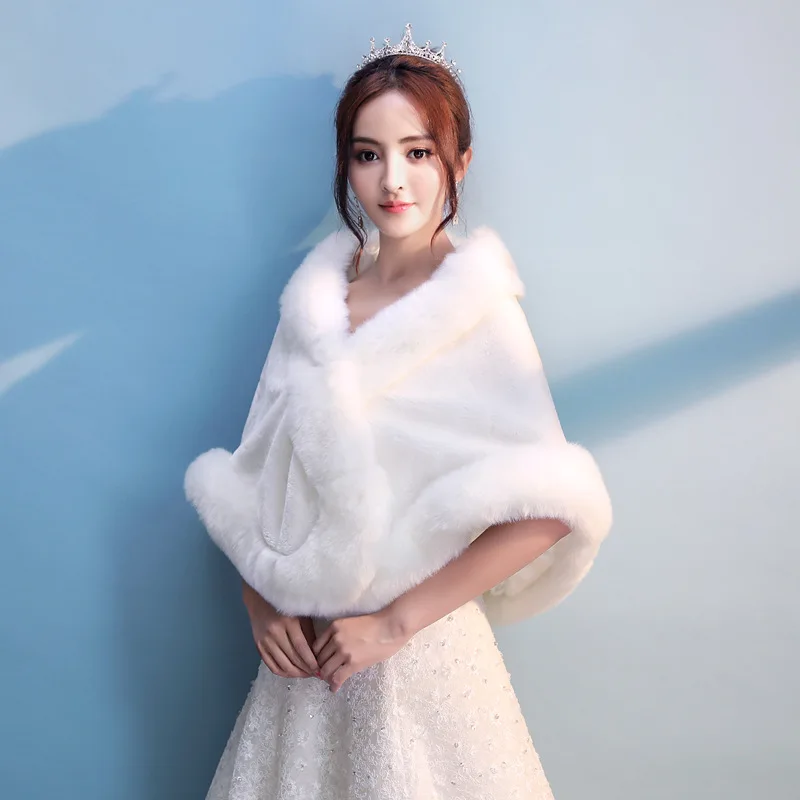 Off White Wedding Jacket New Bridal Fur Rabbit Hair Soft Ceremony Shawl Adult Winter Dress Thickened Warm Bridal Banquet Cape