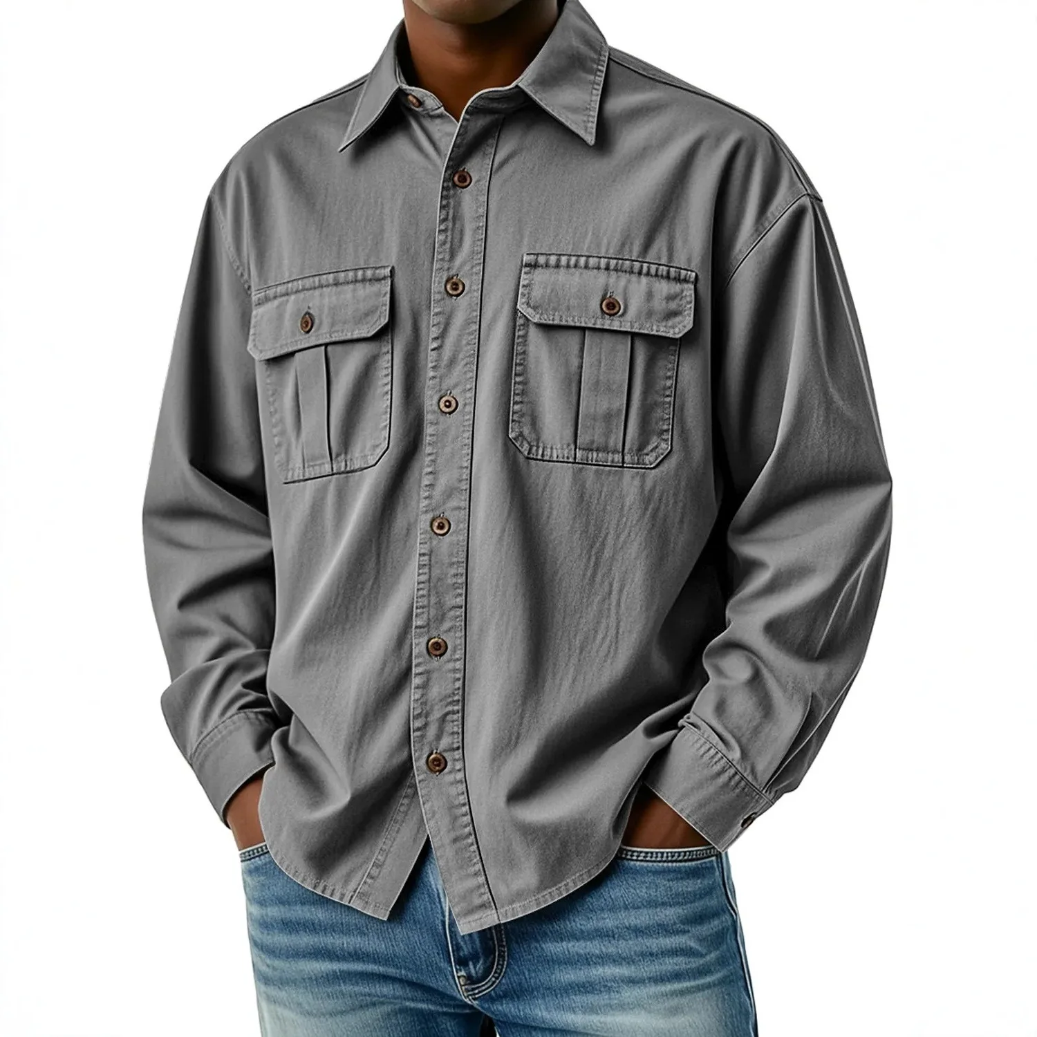 Oversized Casual New Workwear Long Sleeve Shirt, Oversized Casual Stand Collar with Chest Pockets Outdoor Versatile