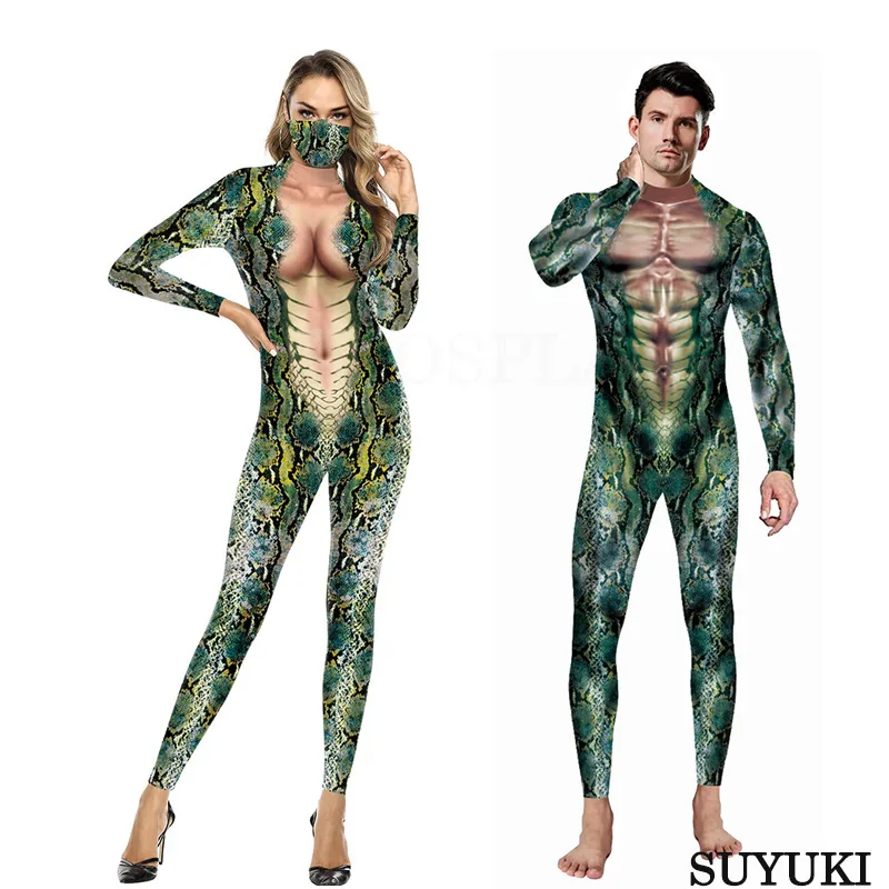 

Animal Snake Pattern 3D Digital Printing Jumpsuit for Couples, Long Sleeved Jumpsuit Slim Sexy Wrapped Skirt Snake Queen Cosplay