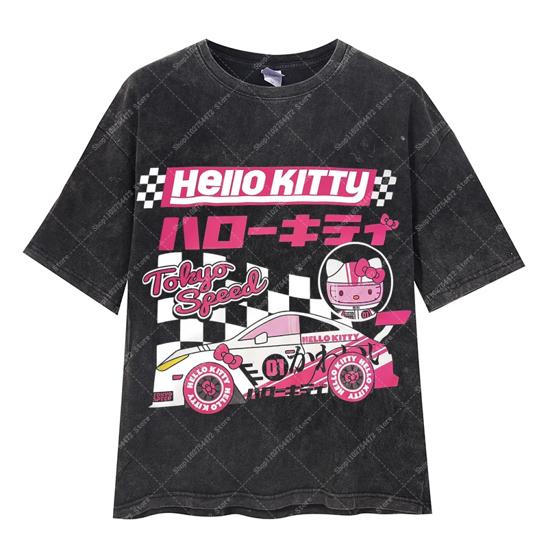 مرحبا كيتي الكبار خمر غسلها تي شيرت الصيف ملابس النساء أنيمي تي شيرت مطبوع فتاة قصيرة الأكمام كارتون لطيف تي شيرت 2025