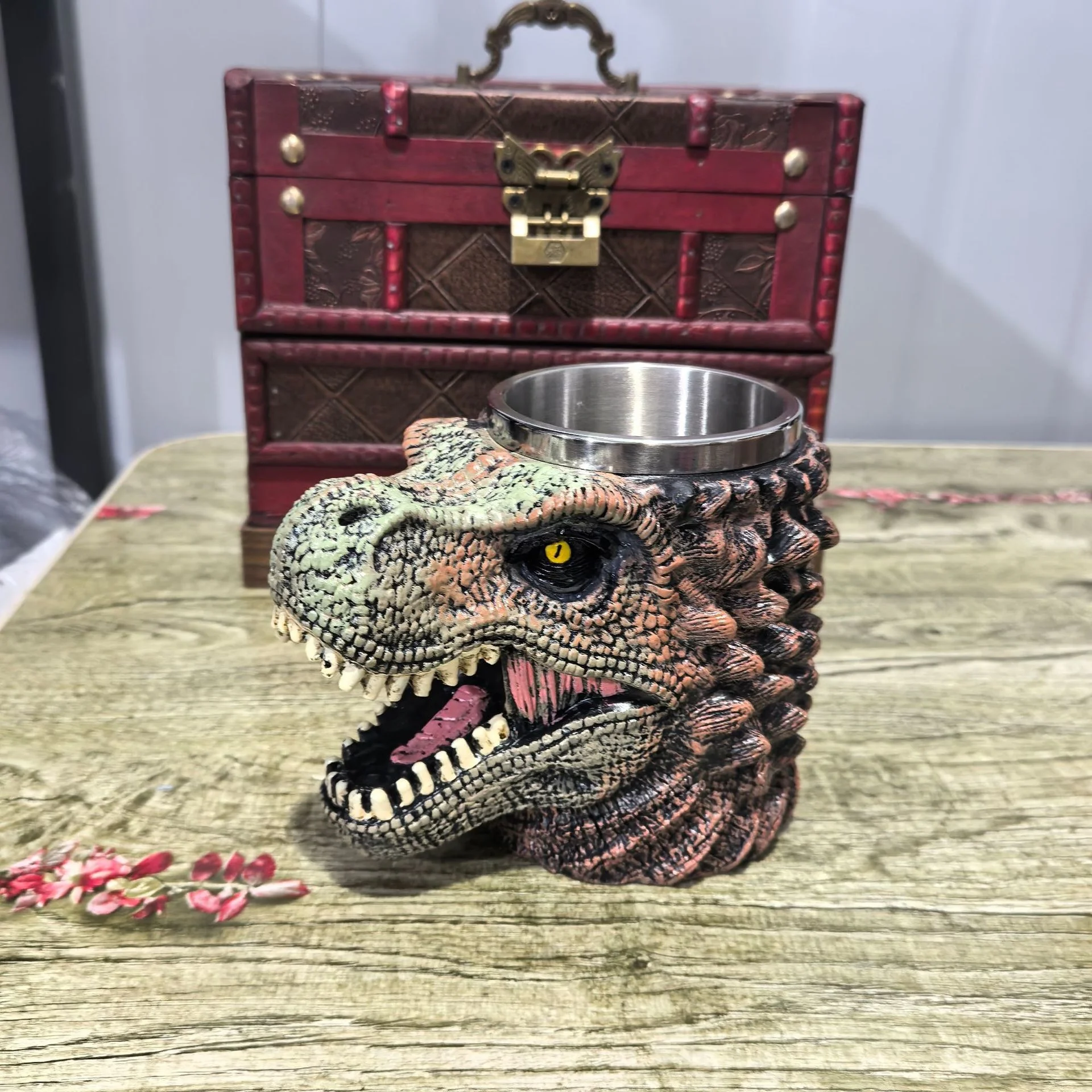 الإبداعية ديناصور القدح ثلاثية الأبعاد الديناصور ريكس الراتنج كوب مع بطانة من الفولاذ المقاوم للصدأ الجدة الجوراسي المنزل المطبخ زخارف للحانات