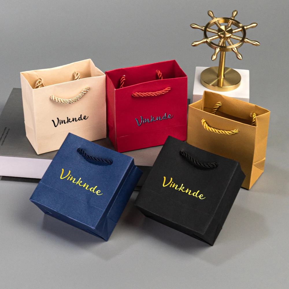 

10*5*10cm Luxury Beige Paper Gift Shopping Bags 100pcs Small Square Paper Tote Bag With Handles Packaging Jewelry Gift Holder