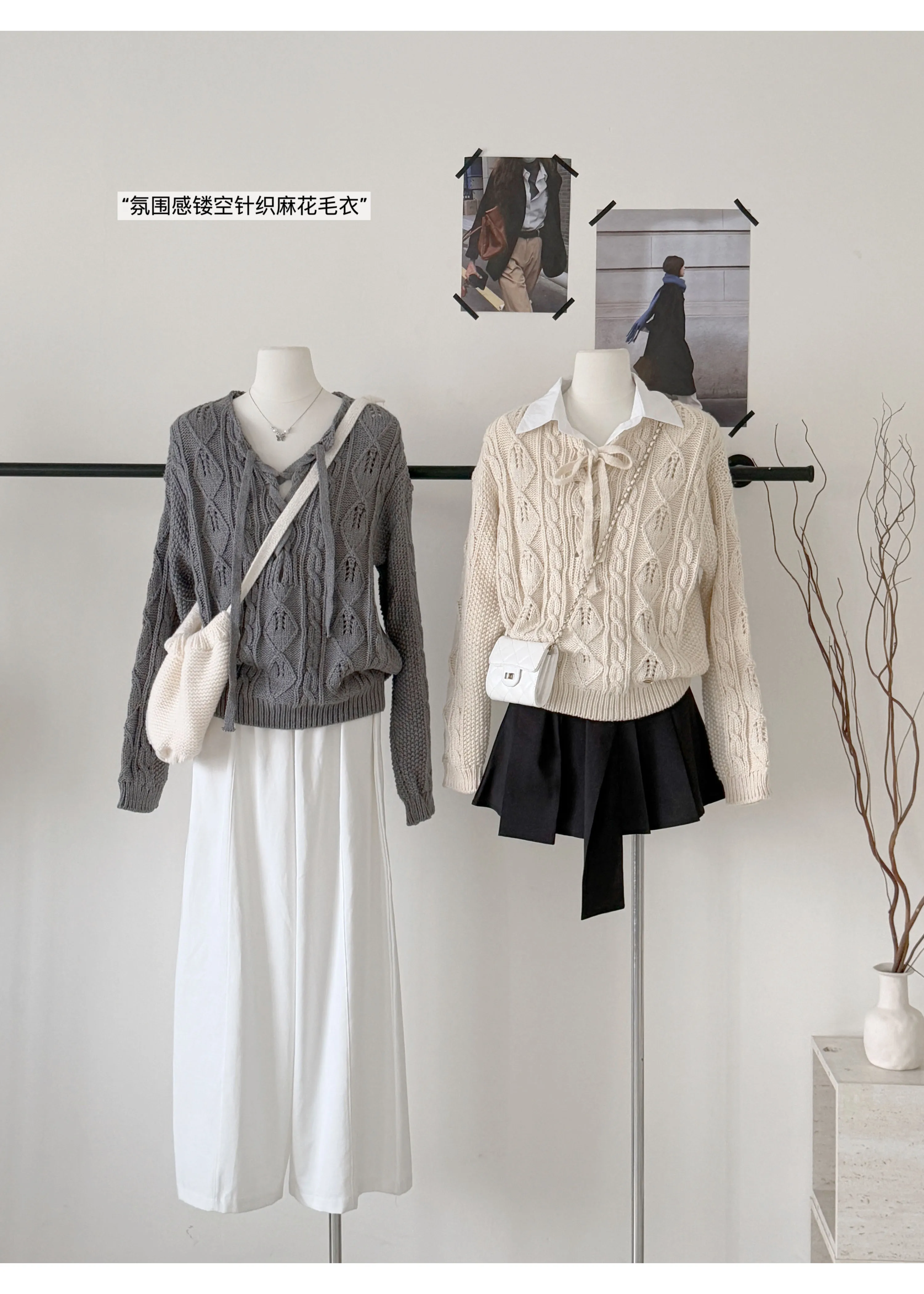 

Women's Autumn Winter Korean Style Lace Up V Neck Long Sleeve Twisted Pattern Loose Sweater Lady Solid Color Pullover Jumper