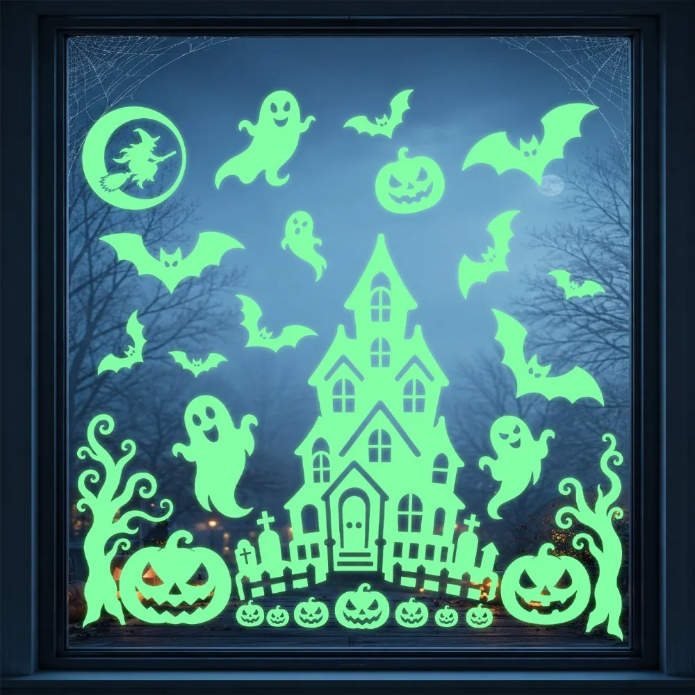 2 Sheet Fluorescent Halloween Luminous Wall Sticker Ghost Pumpkin Eye Pattern Green Light Window Sticker PVC Wall Decals