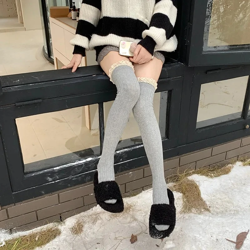 

Sexy Vintage Lace Long Knee Socks Premium Feel Light Luxury Warm Black White Grey Over Knee Thigh High Stockings Women
