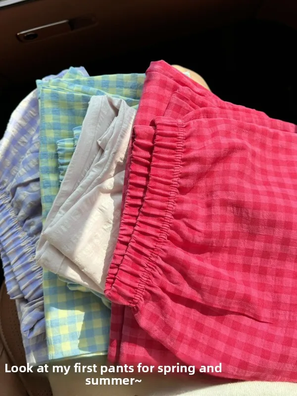 

Comfortable Breathable Plaid Cotton Polyester Sleepwear Spring Summer Thin Casual Wide Leg Home Pants Women's Leisure Trousers