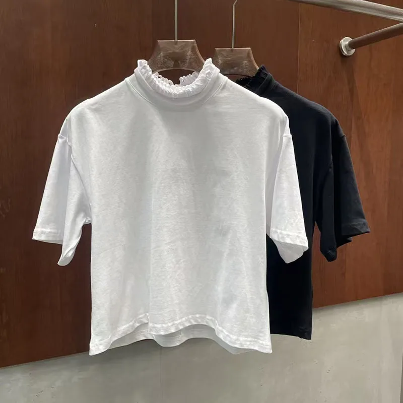 Women's Stand Collar Lace T-Shirt Casual Commuter Cropped Top High-Quality Versatile Pullover 2026 Spring New Arrival Y2K Style