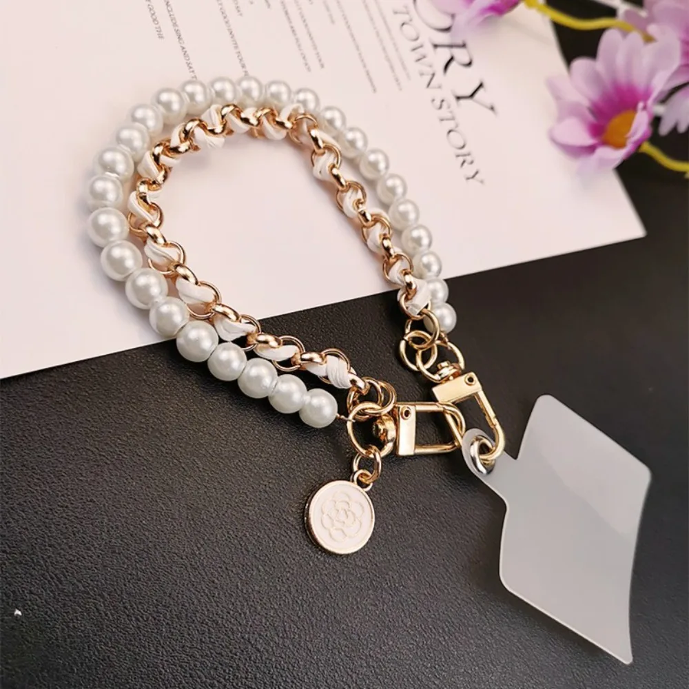 

New 26cm Phone Lanyard Leather Pearl Camellia Mobile Phone Charm Bracelet Chain Metal Key Chain Anti-loss Hand Rope