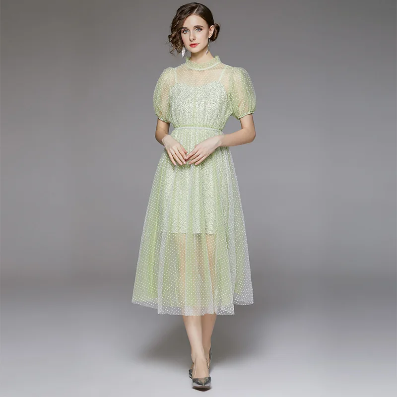 2024 New Summer French Light Green Puff Sleeve See Through Look Dot Mesh Dresses + Spaghetti Strap One-Piece Dress Two Piece Set